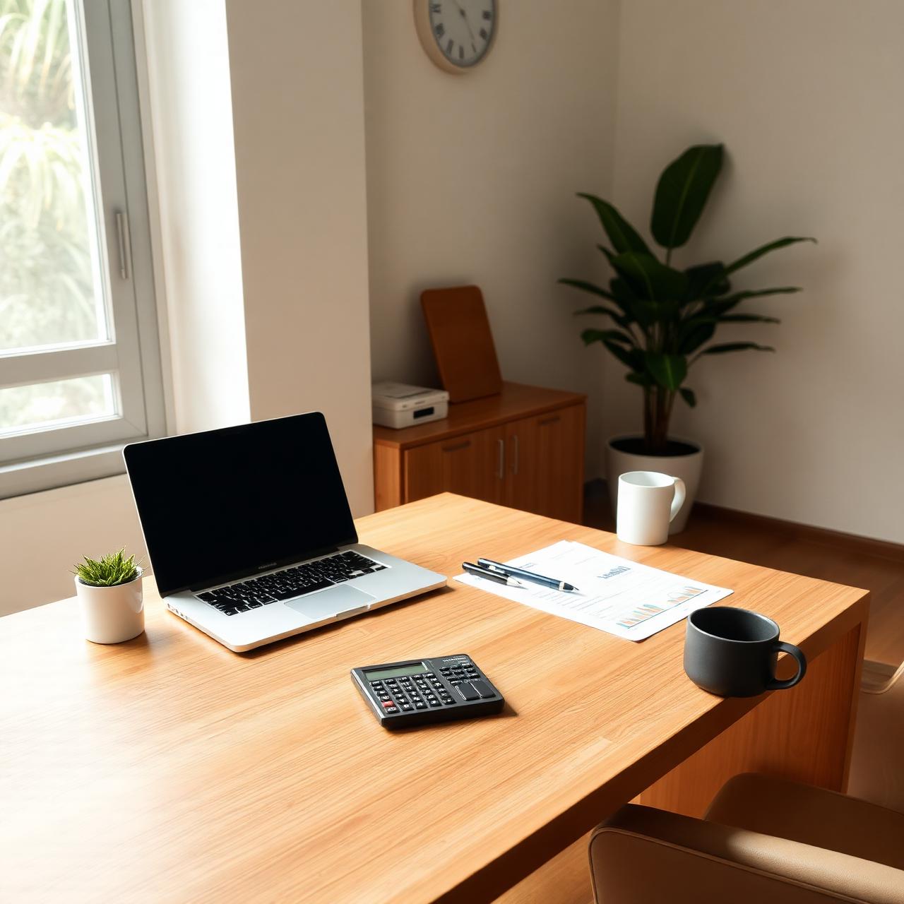 Mesa de escritório com laptop, calculadora e documentos contábeis